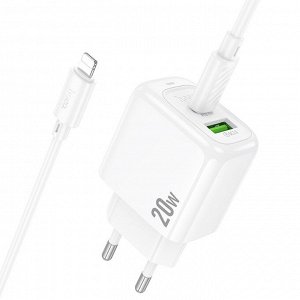 Сетевое зарядное устройство HOCO CS54A Surplus 1xUSB + 1xUSB-C с Кабелем Type-C - Lightning, 20W, белый