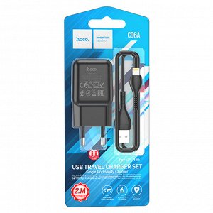 Сетевое зарядное устройство HOCO C96A 1xUSB с Кабелем USB - Lightning, 2.1A, черный