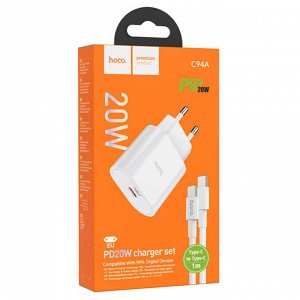 Сетевое зарядное устройство HOCO C94A 1xUSB-C с Кабелем Type-C - Type-C, 3.0A, 20W, белый