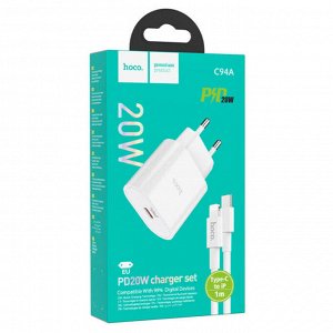 Сетевое зарядное устройство HOCO C94A 1xUSB-C с Кабелем Type-C - Lightning, 3.0A, 20W, белый