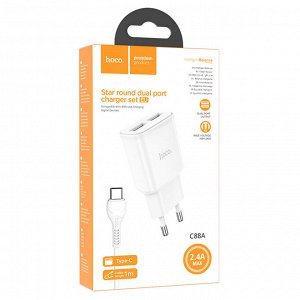 Сетевое зарядное устройство HOCO C88A Star 2xUSB с Кабелем USB - Type-C, 2.4A, 10.8W, белый