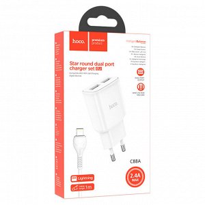 Сетевое зарядное устройство HOCO C88A Star 2xUSB с Кабелем USB - Lightning, 2.4A, 10.8W, белый