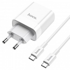 Сетевое зарядное устройство HOCO C80A Rapido 1xUSB + 1xUSB-C с Кабелем Type-C - Type-C, 3.1A, 20W, белый
