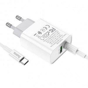 Сетевое зарядное устройство HOCO C80A Rapido 1xUSB + 1xUSB-C с Кабелем Type-C - Type-C, 3.1A, 20W, белый
