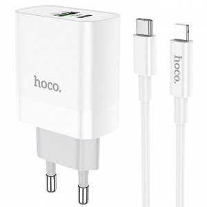 Сетевое зарядное устройство HOCO C80A Rapido 1xUSB + 1xUSB-C с Кабелем Type-C - Lightning, 3.1A, 20W, белый