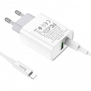 Сетевое зарядное устройство HOCO C80A Rapido 1xUSB + 1xUSB-C с Кабелем Type-C - Lightning, 3.1A, 20W, белый