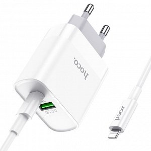 Сетевое зарядное устройство HOCO C80A Rapido 1xUSB + 1xUSB-C с Кабелем Type-C - Lightning, 3.1A, 20W, белый