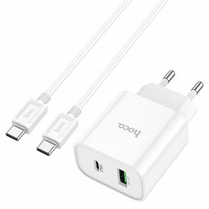 Сетевое зарядное устройство HOCO C80A Plus 1xUSB + 1xUSB-C с Кабелем Type-C - Type-C, 3.1A, 20W, белый