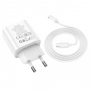 Сетевое зарядное устройство HOCO C80A Plus 1xUSB + 1xUSB-C с Кабелем Type-C - Type-C, 3.1A, 20W, белый