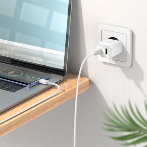 Сетевое зарядное устройство HOCO C80A Plus 1xUSB + 1xUSB-C с Кабелем Type-C - Type-C, 3.1A, 20W, белый