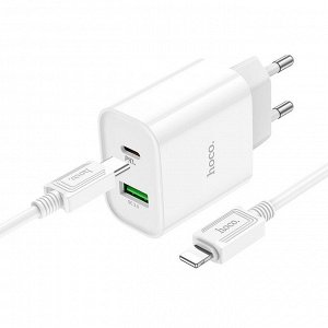 Сетевое зарядное устройство HOCO C80A Plus 1xUSB + 1xUSB-C с Кабелем Type-C - Lightning, 3.0A, 20W, белый