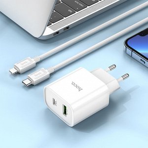 Сетевое зарядное устройство HOCO C80A Plus 1xUSB + 1xUSB-C с Кабелем Type-C - Lightning, 3.0A, 20W, белый