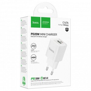 Сетевое зарядное устройство HOCO C147A Charm 1xUSB + 1xUSB-C, 3A, 20W, белый