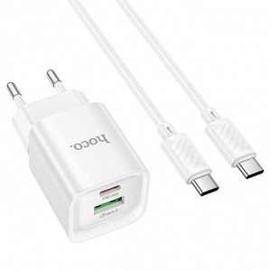 Сетевое зарядное устройство HOCO C147A Charm 1xUSB + 1xUSB-C с Кабелем Type-C - Type-C, 3A, 20W, белый