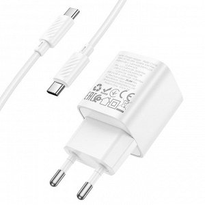 Сетевое зарядное устройство HOCO C147A Charm 1xUSB + 1xUSB-C с Кабелем Type-C - Type-C, 3A, 20W, белый