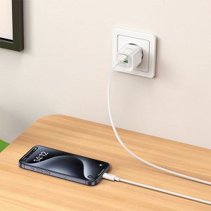 Сетевое зарядное устройство HOCO C147A Charm 1xUSB + 1xUSB-C с Кабелем Type-C - Type-C, 3A, 20W, белый