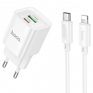Сетевое зарядное устройство HOCO C147A Charm 1xUSB + 1xUSB-C с Кабелем Type-C - Lightning, 3A, 20W, белый