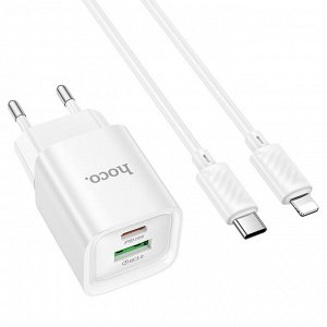 Сетевое зарядное устройство HOCO C147A Charm 1xUSB + 1xUSB-C с Кабелем Type-C - Lightning, 3A, 20W, белый