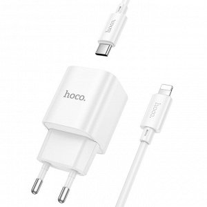 Сетевое зарядное устройство HOCO C147A Charm 1xUSB + 1xUSB-C с Кабелем Type-C - Lightning, 3A, 20W, белый