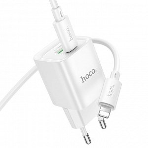 Сетевое зарядное устройство HOCO C147A Charm 1xUSB + 1xUSB-C с Кабелем Type-C - Lightning, 3A, 20W, белый