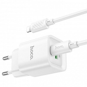 Сетевое зарядное устройство HOCO C147A Charm 1xUSB + 1xUSB-C с Кабелем Type-C - Lightning, 3A, 20W, белый