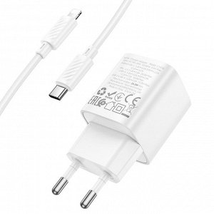 Сетевое зарядное устройство HOCO C147A Charm 1xUSB + 1xUSB-C с Кабелем Type-C - Lightning, 3A, 20W, белый