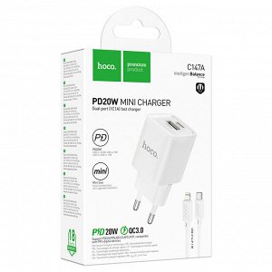 Сетевое зарядное устройство HOCO C147A Charm 1xUSB + 1xUSB-C с Кабелем Type-C - Lightning, 3A, 20W, белый
