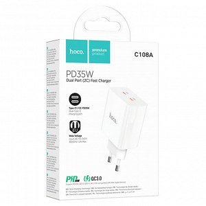 Сетевое зарядное устройство HOCO C108A Leader 2xUSB-C, 3.0A, 35W, белый