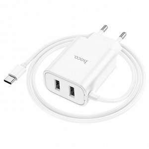 Сетевое зарядное устройство HOCO C103A Courser 2xUSB с Кабелем Type-C, 2.1A, 10W, белый