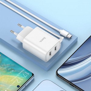 Сетевое зарядное устройство HOCO C103A Courser 2xUSB с Кабелем Type-C, 2.1A, 10W, белый