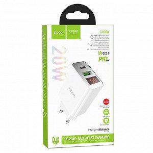 Сетевое зарядное устройство HOCO C100A 1xUSB + 1xUSB-C, 3A, 20W, белый