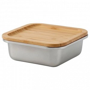 IKEA 365+, Контейнер для пищевых продуктов с крышкой, квадратный, нержавеющая сталь/бамбук, 600 мл