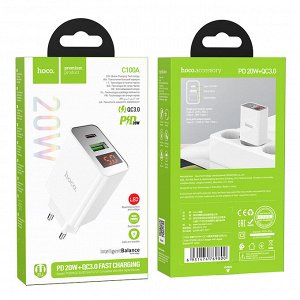 Сетевое зарядное устройство HOCO C100A 1xUSB + 1xUSB-C, 3A, 20W, белый