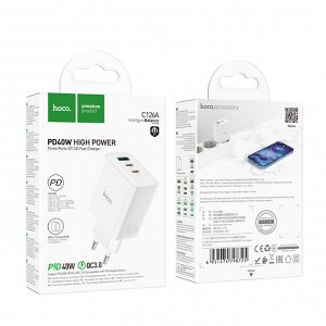 Сетевое зарядное устройство HOCO C126A Pure power 1xUSB + 2xUSB-C, 40W, белый