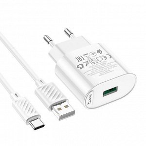 Сетевое зарядное устройство HOCO C109A Fighter 1xUSB с Кабелем USB - Type-C, 3.0A, 18W, белый