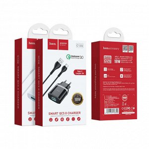Сетевое зарядное устройство HOCO C12Q Smart 1xUSB с Кабелем USB - Type-C, 3A, 18W, черный