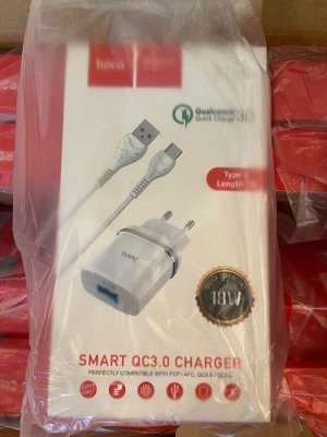 Сетевое зарядное устройство HOCO C12Q Smart 1xUSB с Кабелем USB - Type-C, 3A, 18W, белый