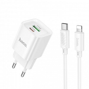 Сетевое зарядное устройство HOCO C147A Charm 1xUSB + 1xUSB-C с Кабелем Type-C - Lightning, 3A, 20W, белый