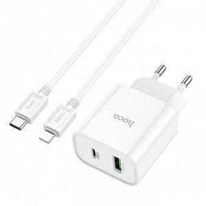 Сетевое зарядное устройство HOCO C80A Plus 1xUSB + 1xUSB-C с Кабелем Type-C - Lightning, 3.0A, 20W, белый
