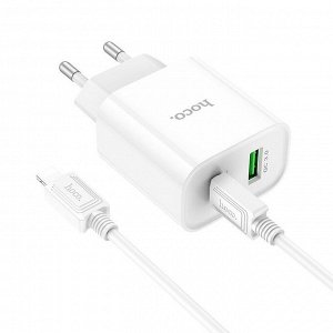 Сетевое зарядное устройство HOCO C80A Plus 1xUSB + 1xUSB-C с Кабелем Type-C - Lightning, 3.0A, 20W, белый