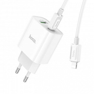 Сетевое зарядное устройство HOCO C80A Plus 1xUSB + 1xUSB-C с Кабелем Type-C - Lightning, 3.0A, 20W, белый