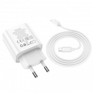 Сетевое зарядное устройство HOCO C80A Plus 1xUSB + 1xUSB-C с Кабелем Type-C - Lightning, 3.0A, 20W, белый