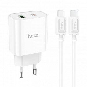 Сетевое зарядное устройство HOCO C80A Plus 1xUSB + 1xUSB-C с Кабелем Type-C - Type-C, 3.1A, 20W, белый