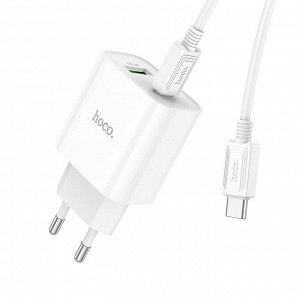 Сетевое зарядное устройство HOCO C80A Plus 1xUSB + 1xUSB-C с Кабелем Type-C - Type-C, 3.1A, 20W, белый