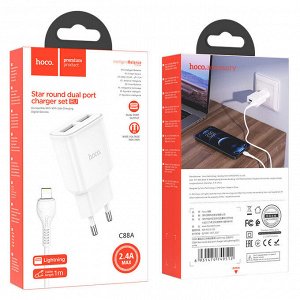 Сетевое зарядное устройство HOCO C88A Star 2xUSB с Кабелем USB - Lightning, 2.4A, 10.8W, белый