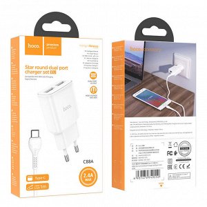Сетевое зарядное устройство HOCO C88A Star 2xUSB с Кабелем USB - Type-C, 2.4A, 10.8W, белый