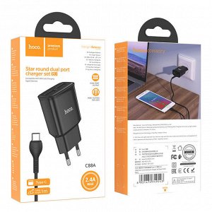 Сетевое зарядное устройство HOCO C88A Star 2xUSB с Кабелем USB - Type-C, 2.4A, 10.8W, черный