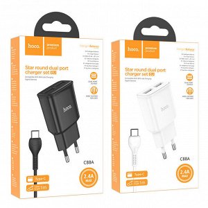 Сетевое зарядное устройство HOCO C88A Star 2xUSB с Кабелем USB - Type-C, 2.4A, 10.8W, черный
