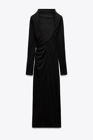 платье ЦВЕТ как на первом фото ДРАПИРОВАННОЕ ПЛАТЬЕ С ВЫРЕЗОМ НА СПИНЕ (DRAPIERTES KLEID MIT R?CKENAUSSCHNITT) Платье средней длины из трикотажного полотна. Воротник-стойка и длинные рукава. внутрення