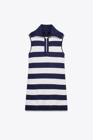 платье ЦВЕТ как на первом фото МИНИ-ПЛАТЬЕ В ПОЛОСКУ (GESTREIFTES MINI-KLEID AUS STRICK) Платье с воротником-лацканами и рукавами без рукавов. Застежка-молния спереди. СОСТАВ МАТЕРИАЛА, ИНСТРУКЦИИ ПО 